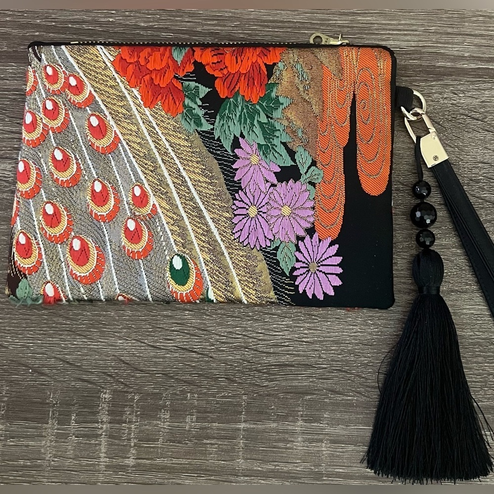 Multicolor Peacock Floral Tapestry Wristlet Bag Zip Pouch Tassel